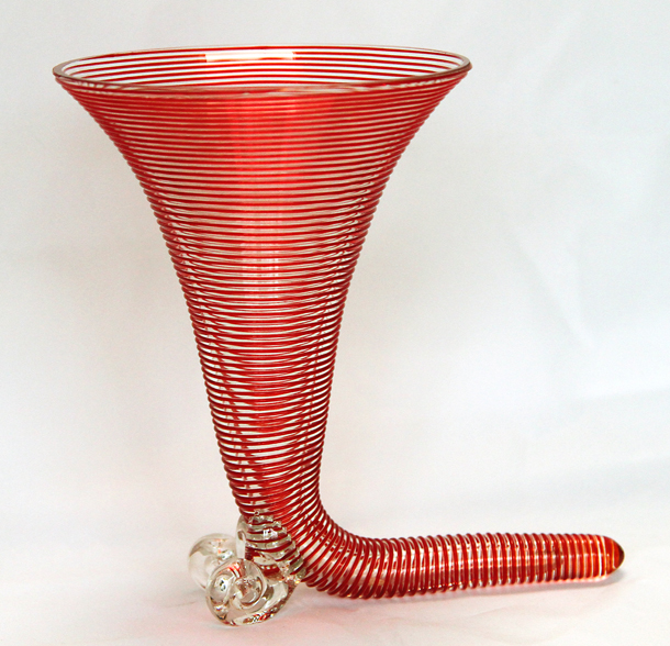 Czech Footed Red Threaded Cornucopia Vase